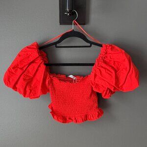 NEW Zara Red Smocked Puff Sleeve Off Shoulder Crop Top Size Small